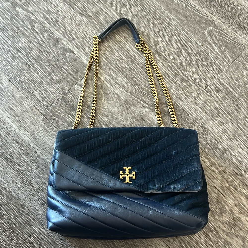 Navy leather and velvet purse with gold chain strap